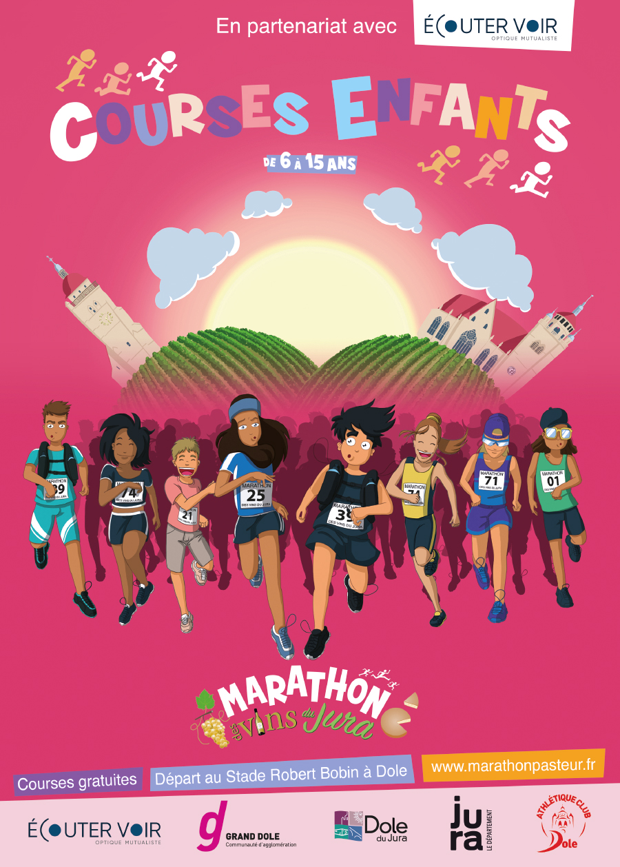 Marathon-jura_02 affiche colorée pour une course pour les enfants.