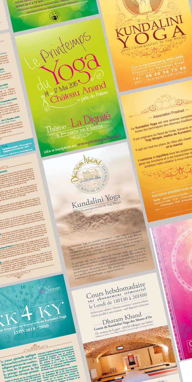 plusieurs flyers colorés sur le thème du Yoga